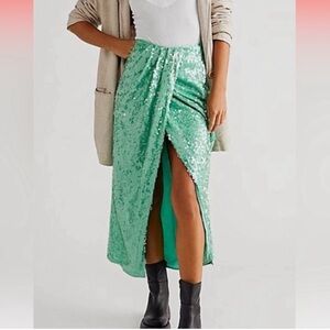 Free People Poet Sarong Green Sequin Maxi Skirt 10/12